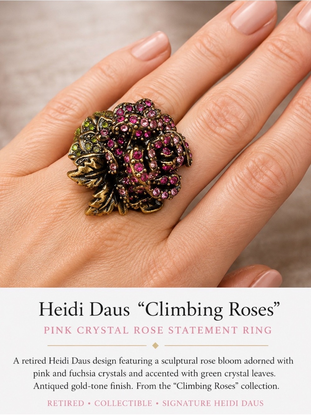 Climbing Roses” Retired Pink Crystal Rose Statement Ring *Size 5